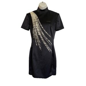 NEW Hyein Seo Black Satin Printed Mini Dress Women's 0 Short Sleeve Mock Neck